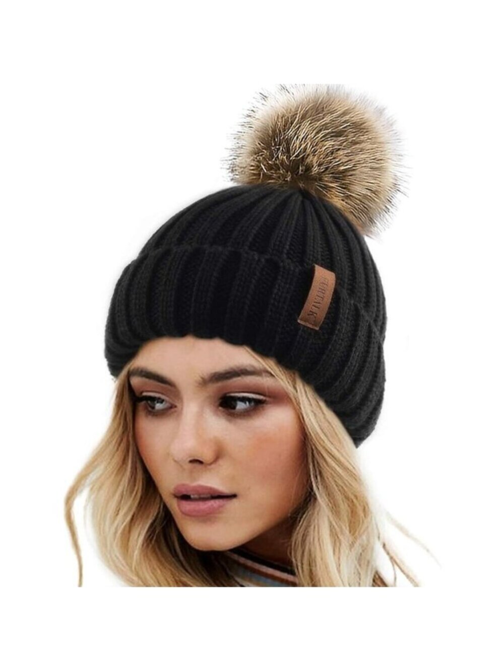 Womens Winter Knit Beanie Hat with Faux Fur Pom Warm Stretchy Skull Cap
